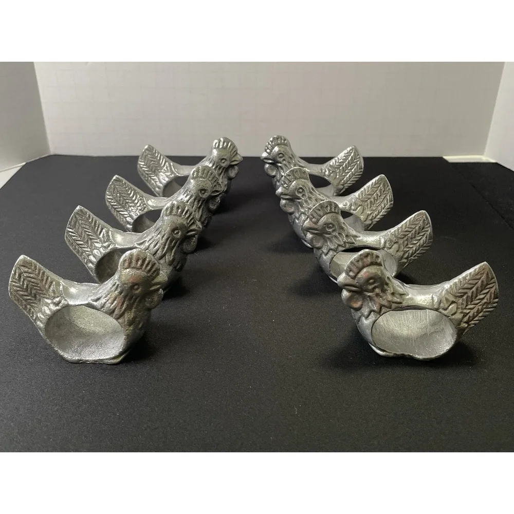 Vintage 1970s Set of 8 Pewter Chicken Rooster Napkin Rings French Country Rustic